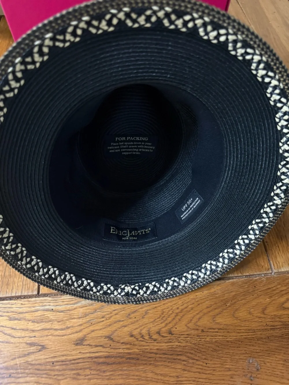 Eric Javits Hat Black Beige Squishee Straw Fedora Sunhat Packable UPF 50+ - Picture 3 of 7